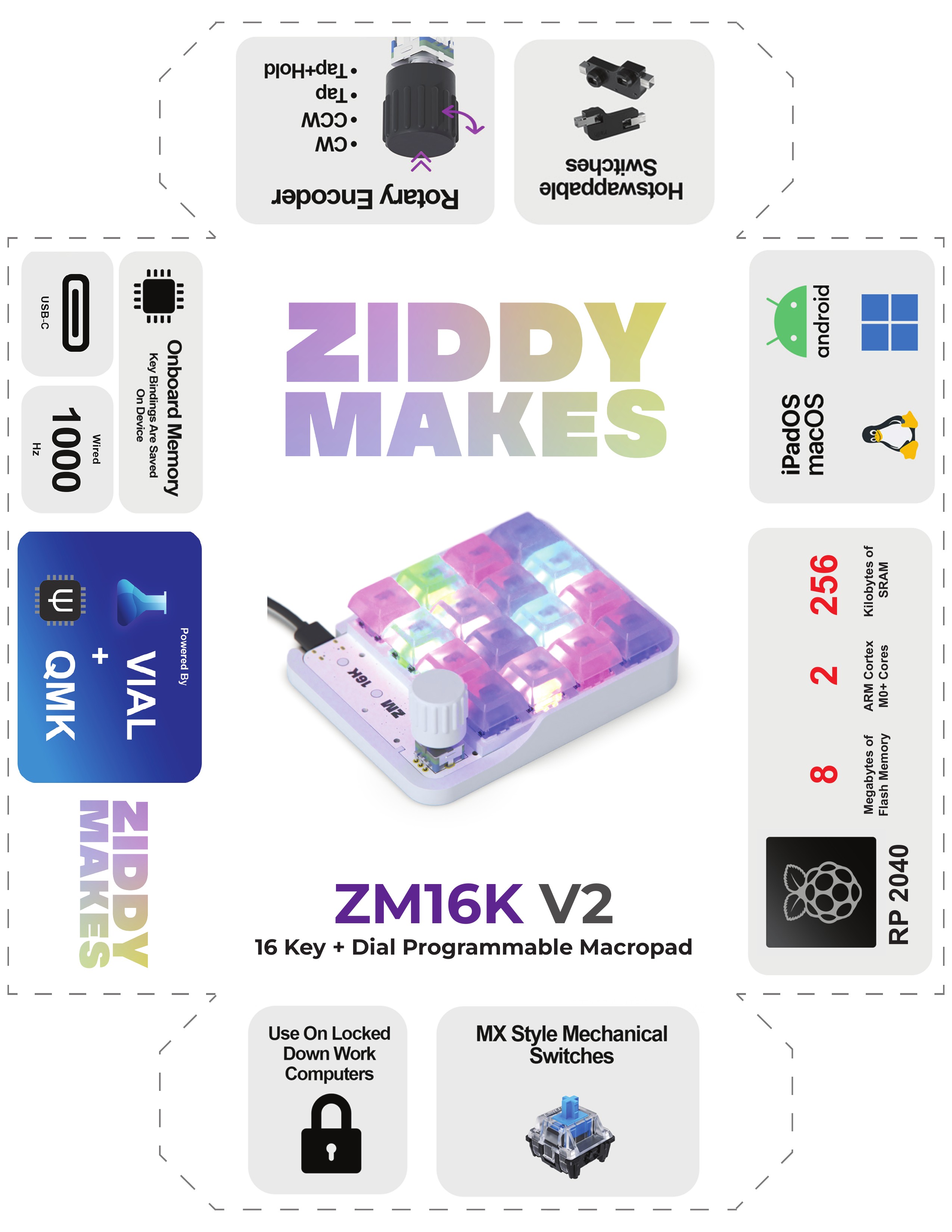 ZM16K V2 White Ghost: white case and dial with sixteen translucent RGB-lit keycaps